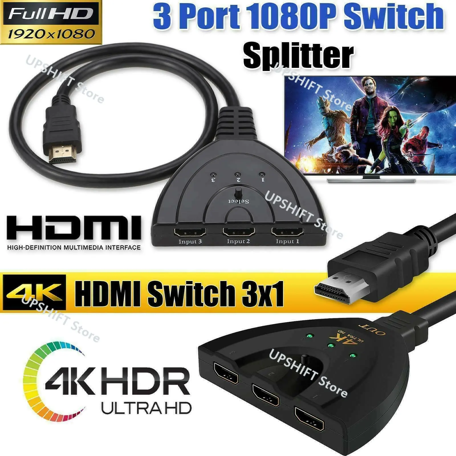 HDMI Switch 4K HDMI Splitter 3 in 1 Out,3-Port HDMI Switcher Selector with Pigtail HDMI Hub Cable for Fire Stick HDTV PS4 Xbox