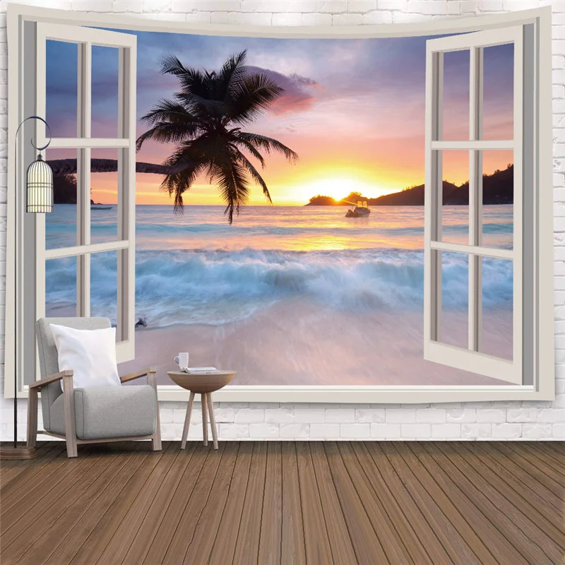 

Imitation Window Landscape Tapestry Wall Hanging Tropical Tree Tapestries Art Home Decoration Sea Sunrise Beach Dorm Decor