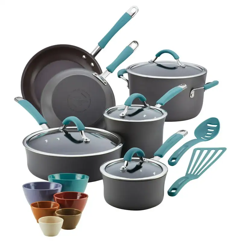 

Hard-Anodized Nonstick Cookware and Prep Bowl Set, 18-Piece, Gray with Blue Handles