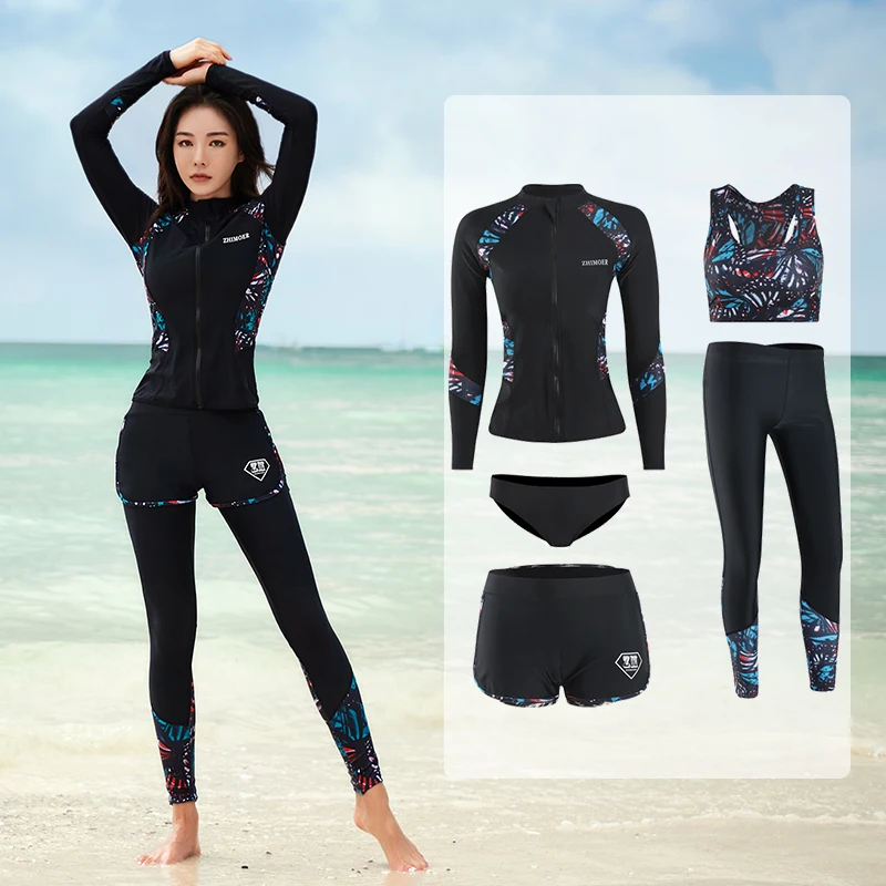 

Long Sleeve Rash Guard Women Print 5 Pieces Swimsuit Zipper Swimwear Bathing Suits Surfing Pad Long Pant Couples Men 3 pieces