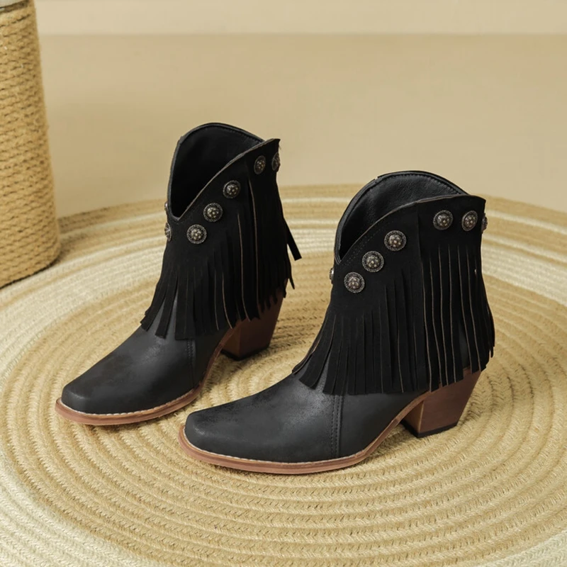 Женские ботильоны ASILETO с кисточками на каблуке 7 см ковбойские ботинки без