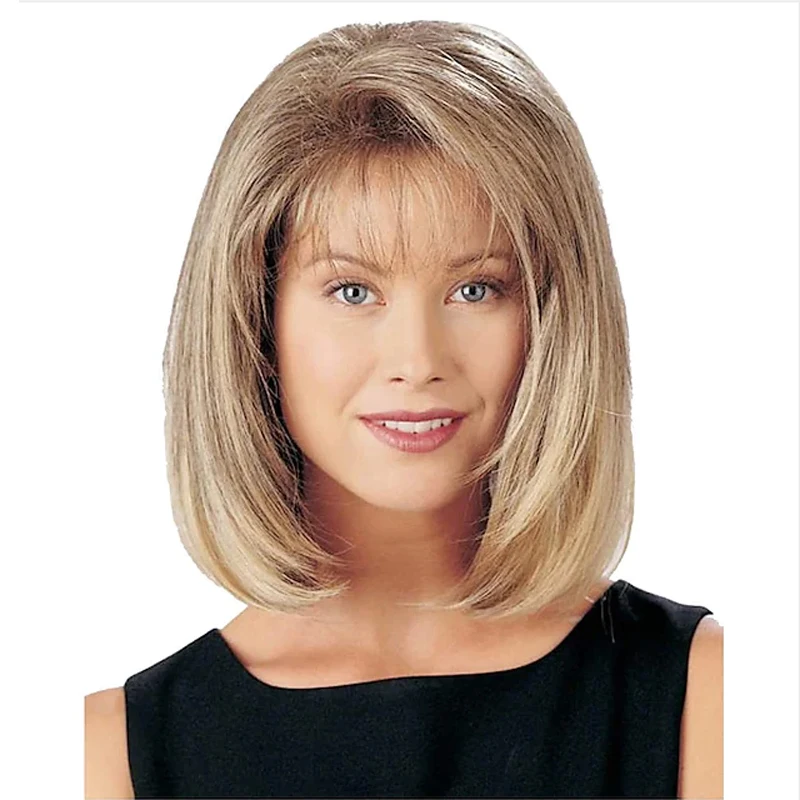 

HAIRJOY Short Ombre Blonde Wig with Bangs Layered Straight Bob Synthetic Hair Wigs for Women Mixed Blond with Dark Roots
