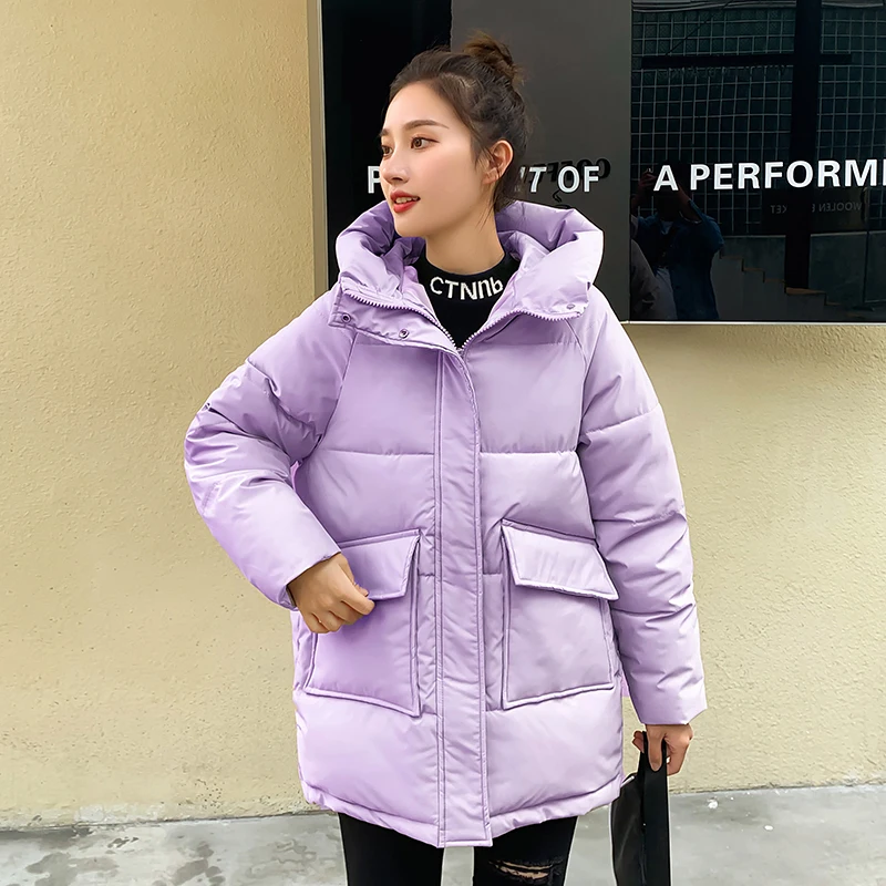 Thicken Warm Medium Long Chic Parka Women Casual Sweety Solid Color Big Pocket Loose Hooded Coat Jackets Outwear Autumn Winter