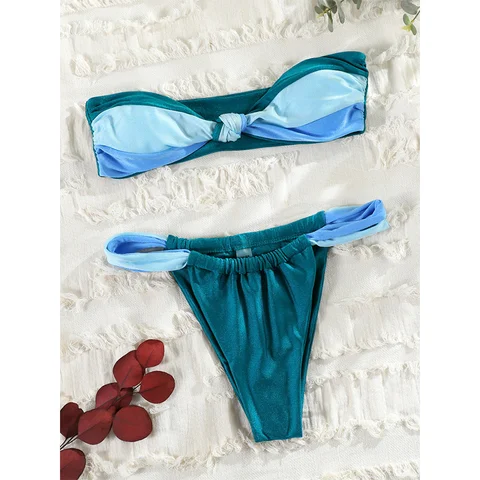 Сексуальный купальник-бандо, женский купальник 2024, женское бикини, бразильский плиссированный купальный костюм, пляжная одежда в стиле пэчворк на лето