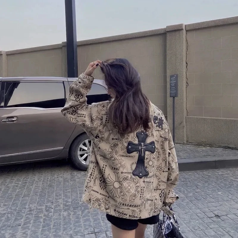 

Spring Autumn Cross Embroidery Retro Jacket Coat Loose Jacket Coat Top 2022 New Women Loose Print Windbreaker Female Coat