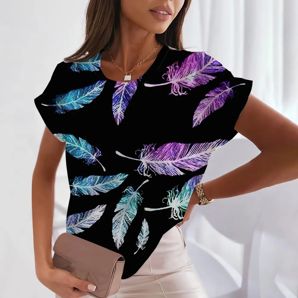 

2023 Women's T-shirt V Neck Girl Fashion Y2k Streetwear Short Sleeve Feather 3d Graphics Ladies Tshirt Oversized Female Clothing