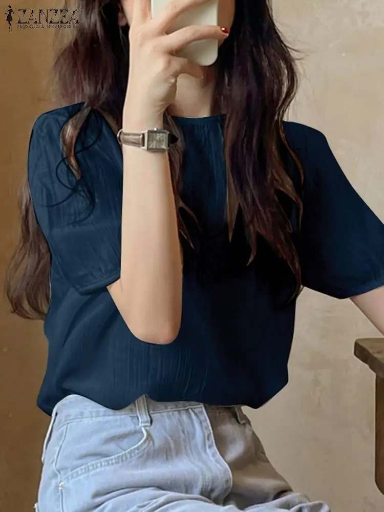 

ZANZEA Fashion Textured Blouse Elegant Short Sleeve Casual Loose Women Blusas Femme Round Neck Korean Style 2022 Summer Tops