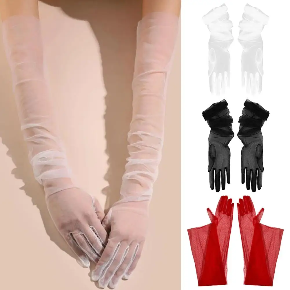 

Длинные прозрачные тюлевые перчатки, ультратонкие тянущиеся перчатки с закрытыми пальцами для Хэллоуина, свадьбы, аксессуар, сетчатые рукавицы, перчатки на локоть для невесты, приблизительно M7C4