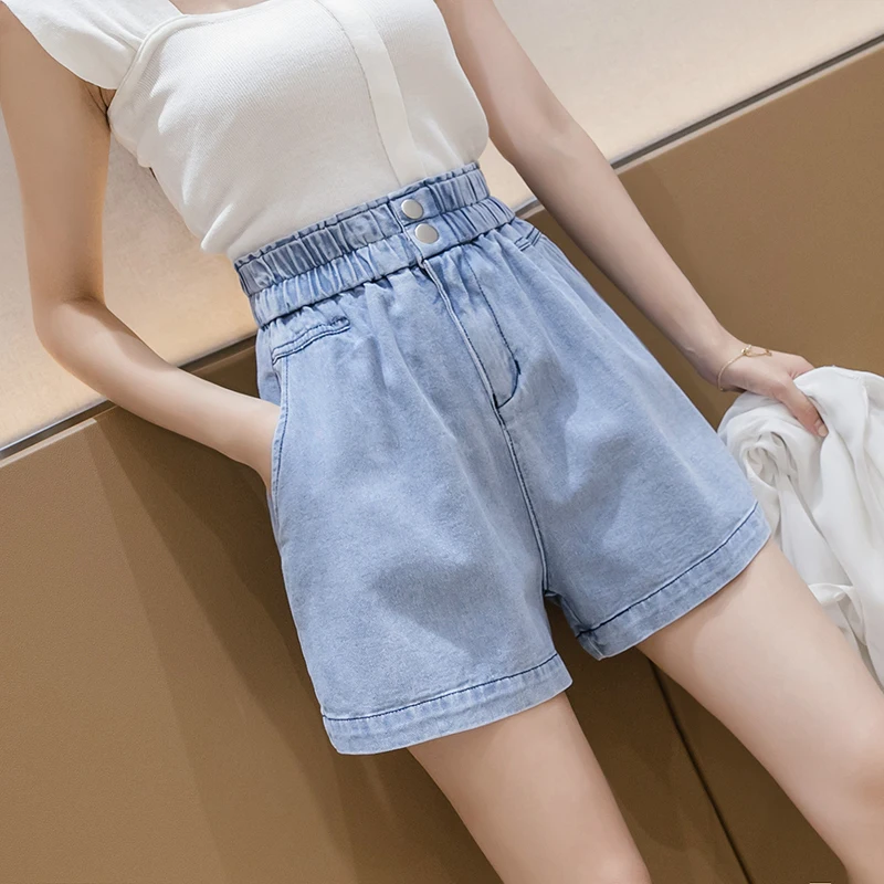 2023 New Korean Fashion Comfortable Summer High Waist Denim Shorts Women'S Loose A-Shaped Wide Leg Elastic Bud Pants