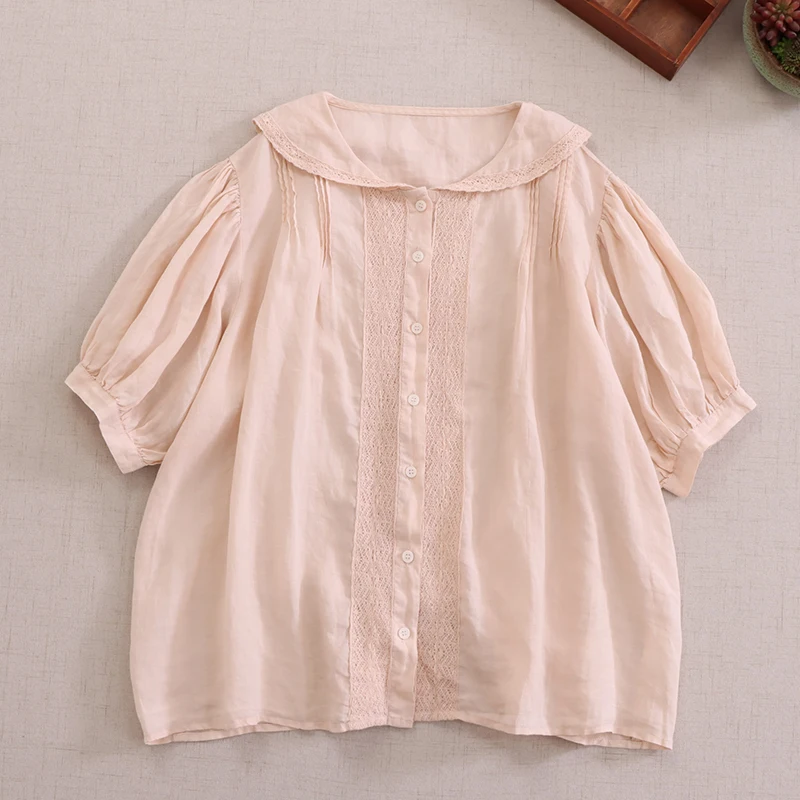 

Summer Thin Light Sheer Ramie Tops Women Short Sleeve Single Breasted Casual Top XQ0705