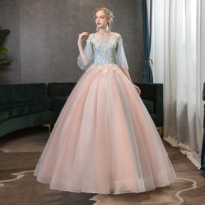 

Fashion Spaghetti Strap Pink Quinceanera Dresses Elegant Exquisite Floral Tulle Ball Gown Floor-length Fairy Vestido Debutante
