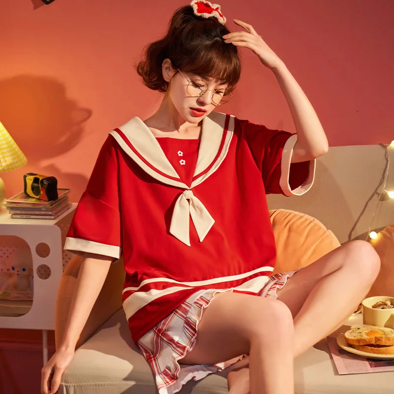 100% Cotton Women Pajamas Sets Bow Pyjamas Famale Loungewear Pijamas Short Sleeve T-Shirt Shorts Suit Sleepwear Nightwear