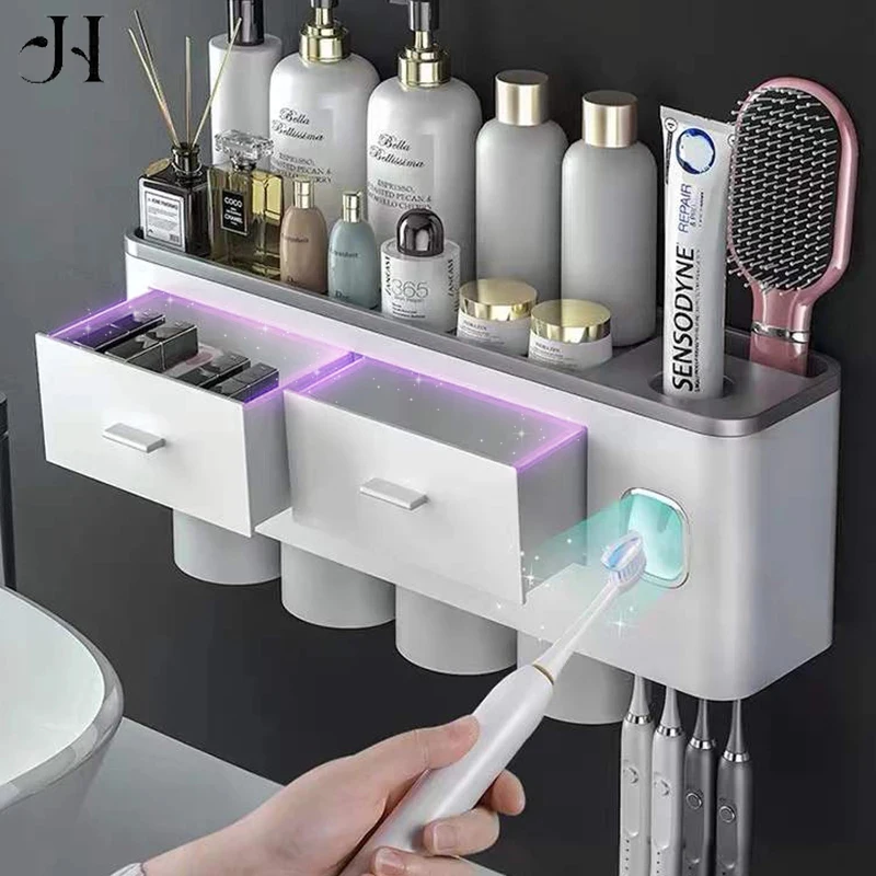 

Punch-Free Toothbrush Holder with Magnetic Tape 2/3/4 Cup Makeup Rack Automatic Toothpaste Squeezer Dispenser Bathroom Accessory