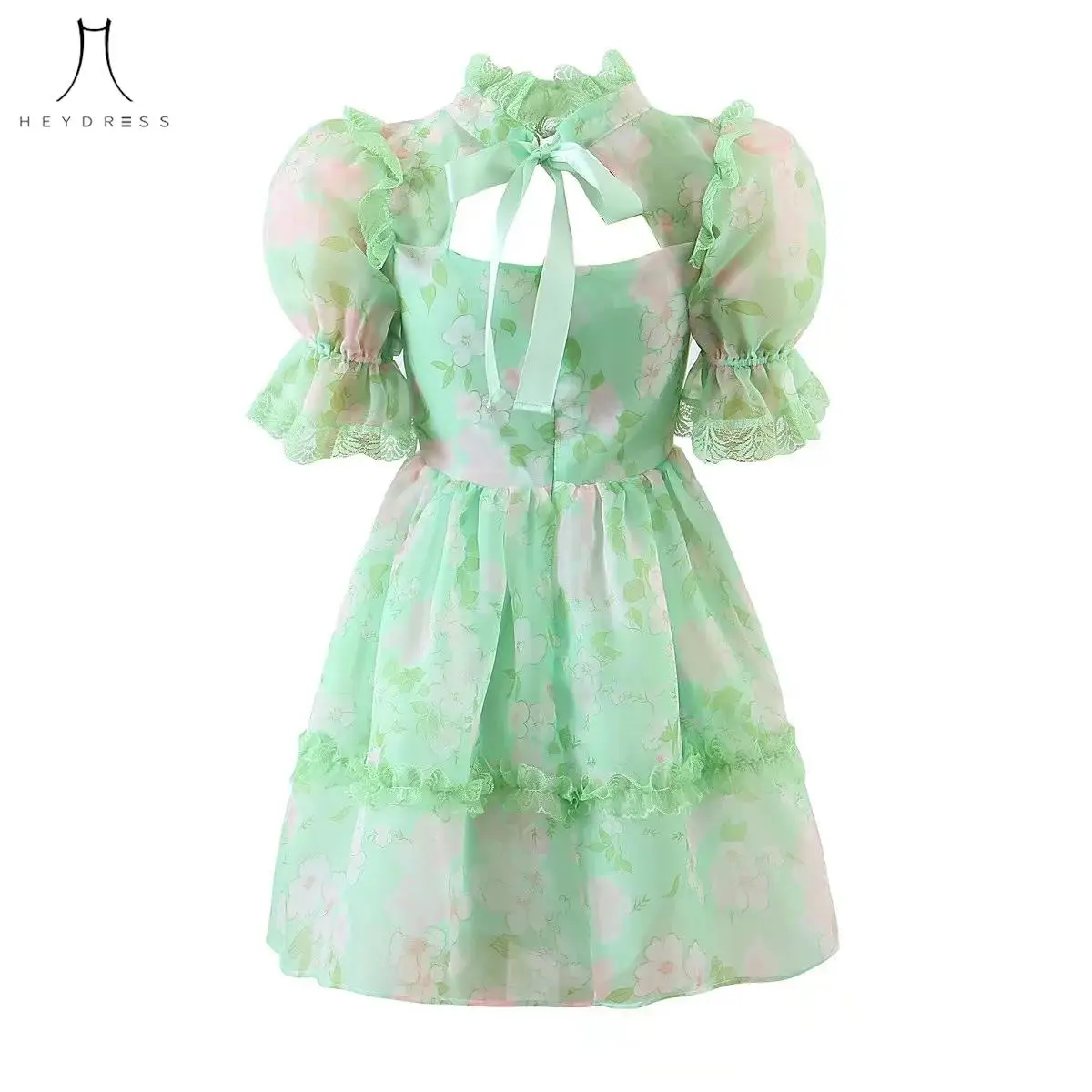 Кружевное платье с длинным рукавом-фонариком и оборками |