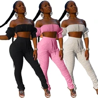 gl6275 ladies two piece summer solid color fashion tube top smocked micro flare pants sports casual suit womens nightclub