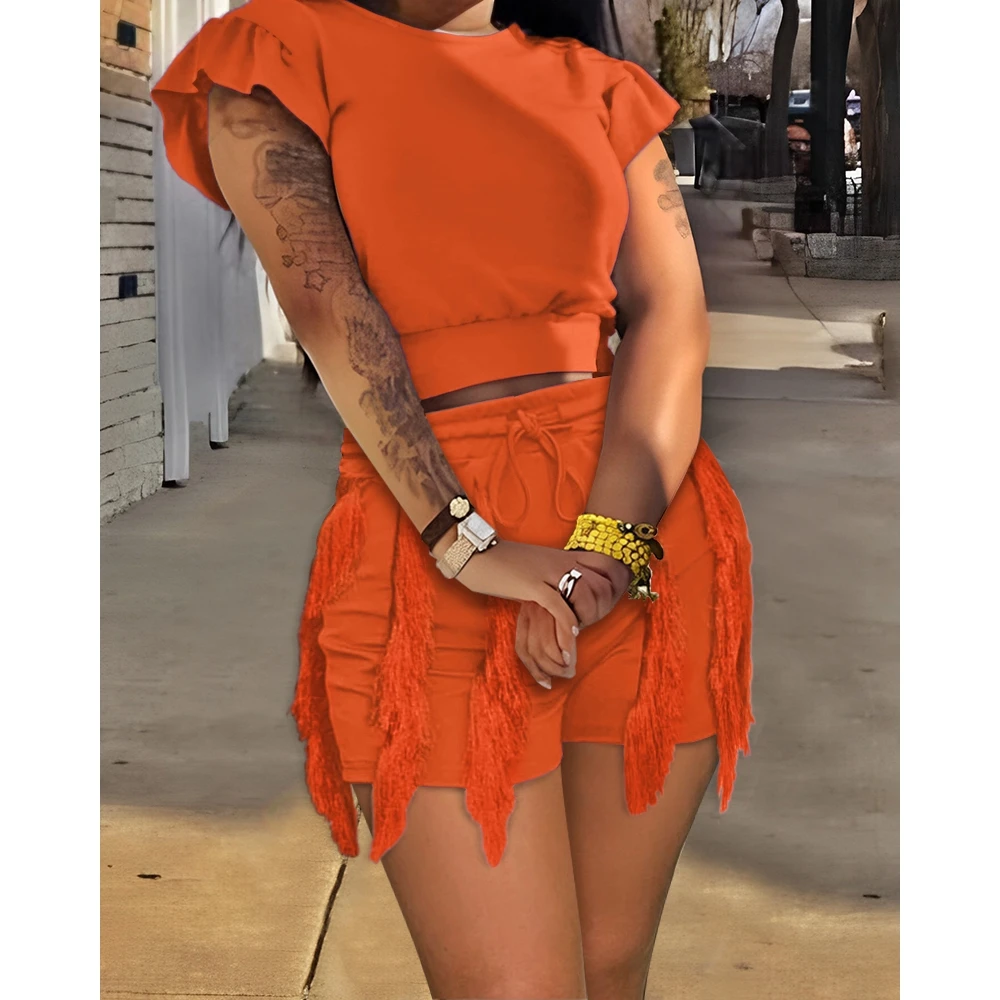 Summer Femme Fashion Two Piece Shorts Set Casual Ruffles Sleeve Short Top & Draw String Tassel Shorts Set for Women Beach Outfit