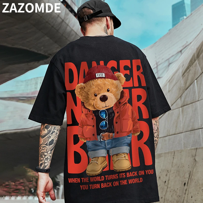 

ZAZOMDE Summer Short Sleeve Tees Harajuku Streetwear Cartoon Bear Print T-Shirts Cotton Casual Hip Hop Loose Tshirts Couple Tops