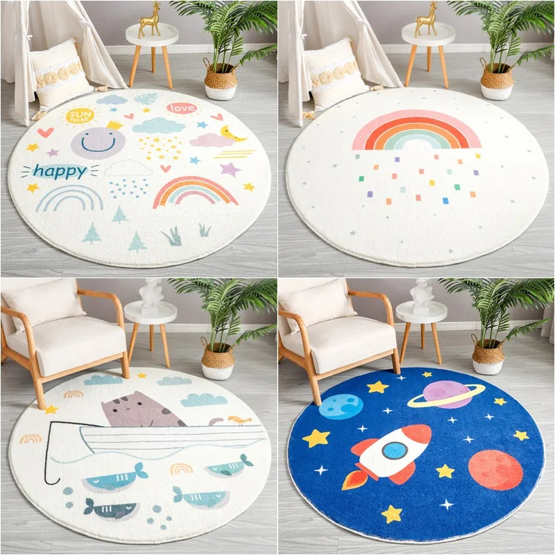 

Cartoon Round Kids Bedroom Carpets Lamb Cashmere Rainbow Living Room Non-Slip Carpet Sofa Tatami Bedside Rugs Baby Crawling Mat