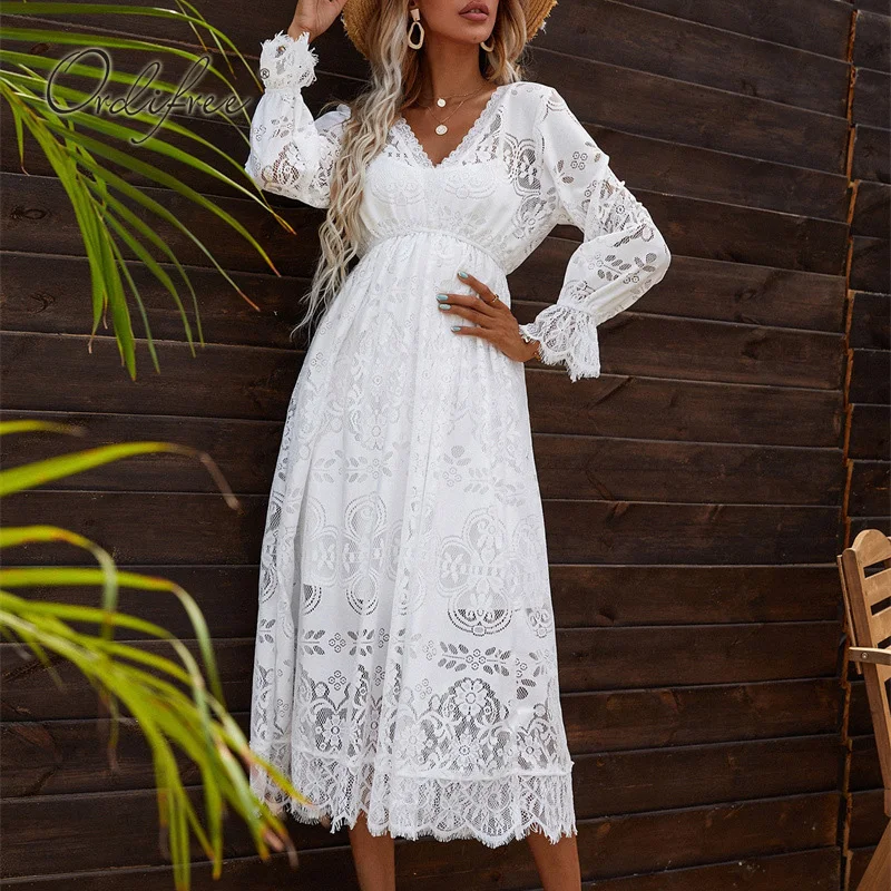 

Ordifree 2022 Summer Women Wedding Dress Long Sleeve White Lace Sexy Vocation Tunic Beach Dress