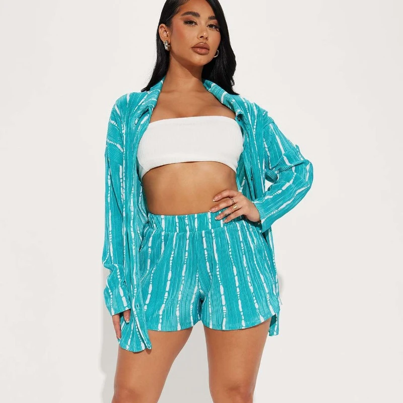 

Autumn Winter Print Pleated 2 Piece Sets Women Full Sleeve Single Breasted Long Shirts Tops Pockets Shorts Streetwear Suits