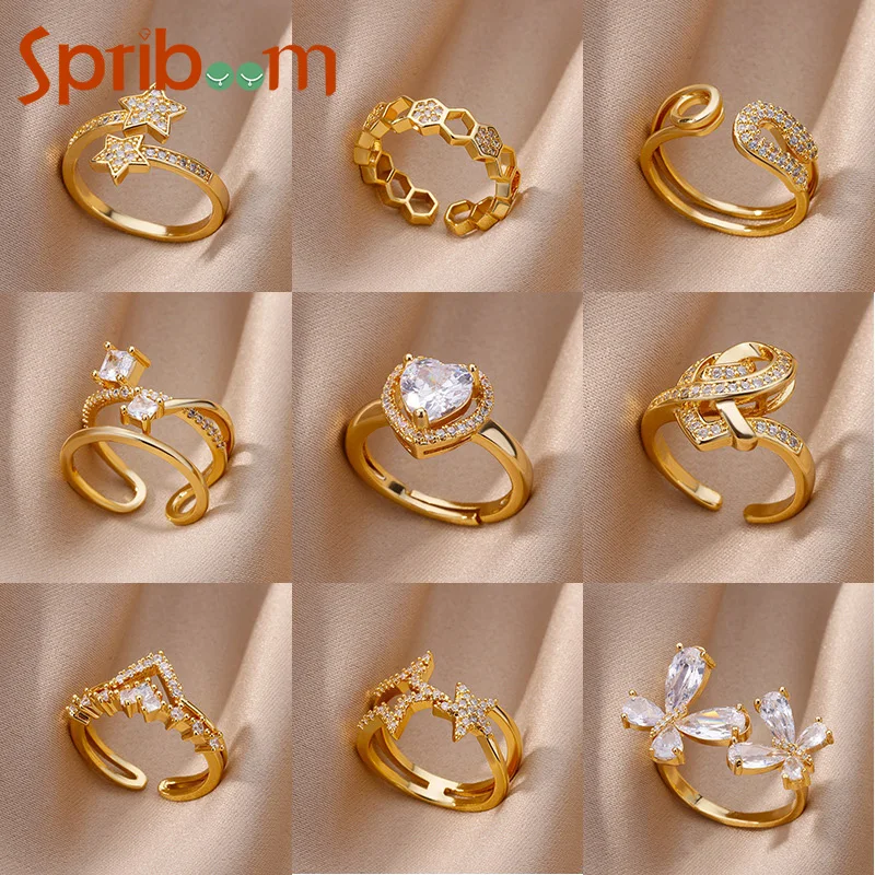 

Luxury Women Ring Love Heart Star Zircon Rings Opening Adjustable Bride Engagement Wedding Jewelry Accessories Elegant Wife Gift