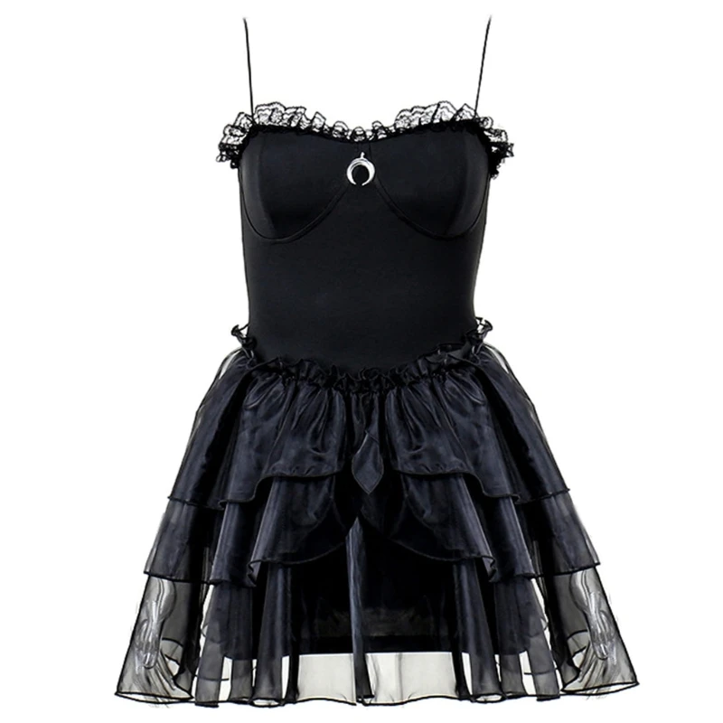 

Womens Summer Sleeveless A-Line Mini Cami Dress Spaghetti Strap Gothic Moon Pendant Tiered Ruffled Mesh Bubble Dresses P8DB