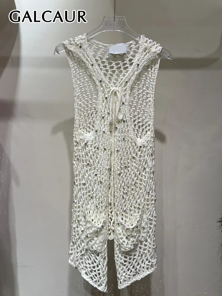 

GALCAUR Patchwork Diamond Hollow Out Knitting Waistcoat For Women V Neck Sleeveless Spliced Lace Up Solid Vestcoat Female New