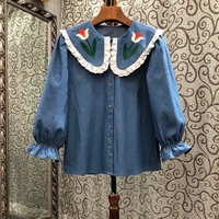 100cotton tops 2022 summer fashion blouses ladies turn down collar floral embroidery long sleeve casual blue jens shirt blouse