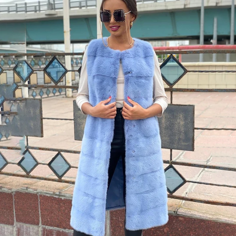 

Женский Длинный жилет из меха норки, светло-голубой Уютный жилет без рукавов, верхняя одежда из натурального меха норки для осени и зимы