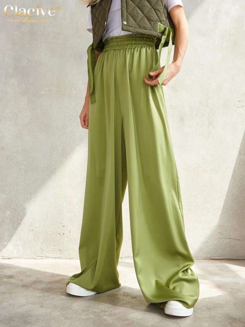 

Модные свободные зеленые атласные женские брюки Clacive 2022, элегантные спортивные брюки с высокой талией, женские повседневные спортивные шир...