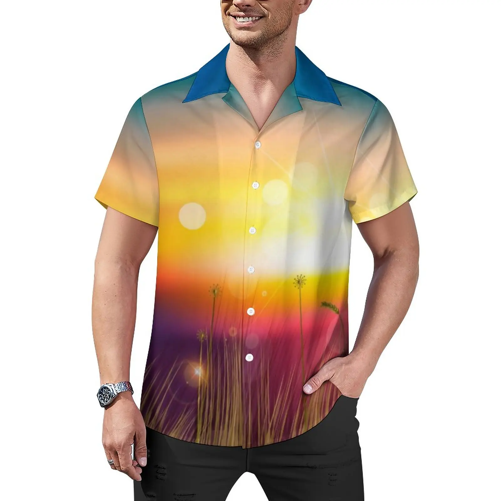 

Sunset Fields Beach Shirt Bright Print Hawaiian Casual Shirts Man Streetwear Blouses Short Sleeves Design Clothes Big Size 4XL