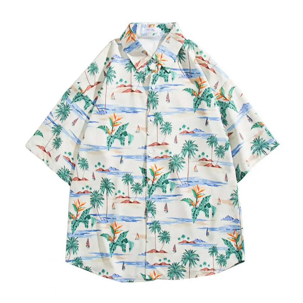 

Men Shirt Hawaii Colorful Print Short Sleeves Single-breasted Coconut Tree Pattern Summer Beach Tops Male Clothes