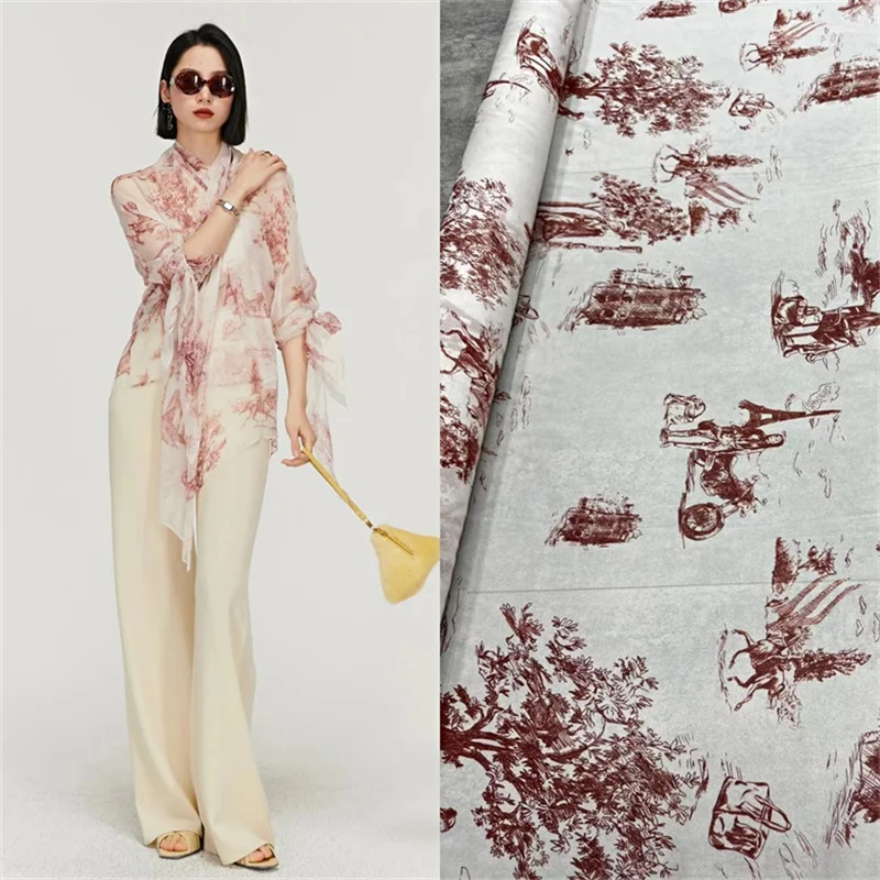 

Classic Off-white Bottom Wine Red Bottom Shanshui Renjia Silk Georgette Fabric Fashion Dress Shirt Sewing Handmade Fabric Warp