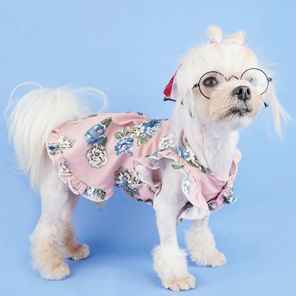 

Pet Sundress Flying Sleeves Ruffled Hem Striped Pleated Button Closure Two-legged Spring Summer Small Dog Clothes for Photograph