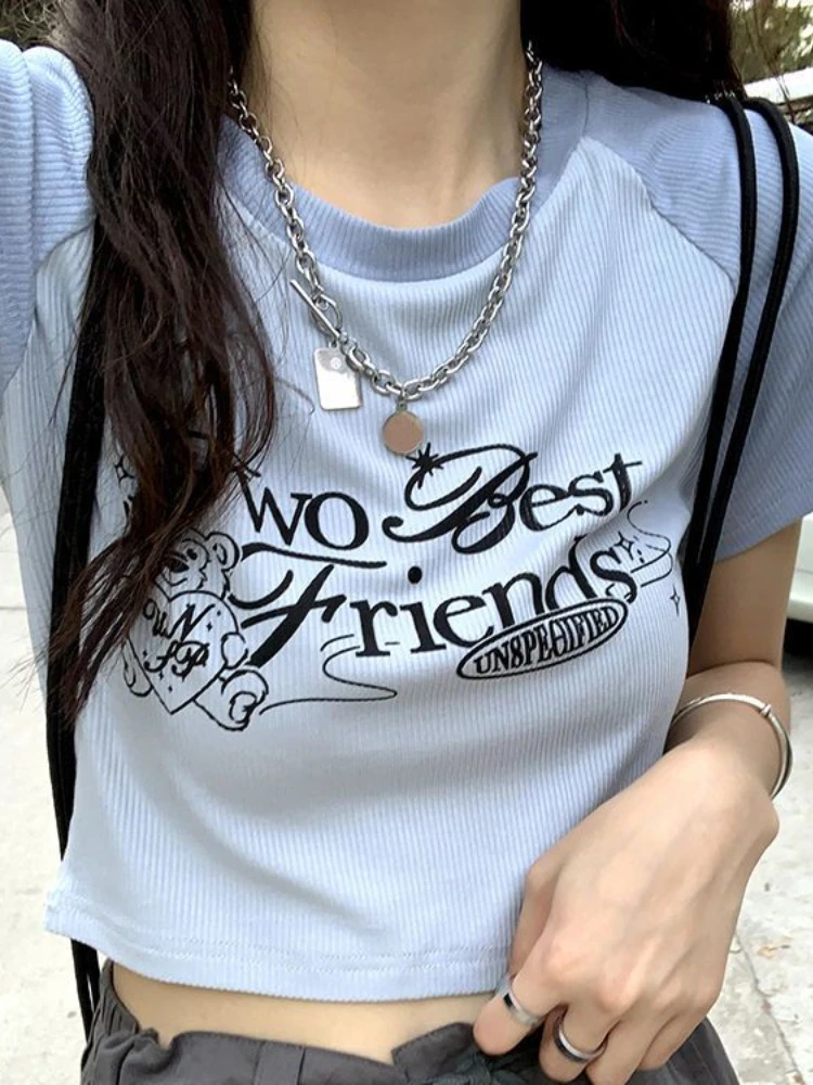 Футболка Y2k с круглым вырезом, модная рубашка с принтом надписи, с коротким рукавом, уличная шикарная пикантная облегающая футболка контрастных цветов Футболка Y2k с круглым вырезом, модная рубашка с принтом надписи, с коротким рукавом, уличная шикарная пикантная облегающая футболка контрастных цветов