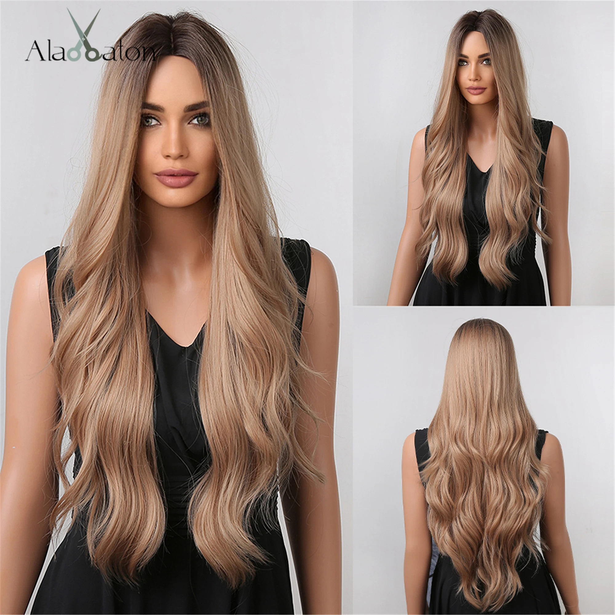 

ALAN EATON Dirty Blonde with Dark Root Brown Ombre Wavy Wig Synthetic Hair Wigs for Women Afro Long Wavy Cosplay Heat Resistant