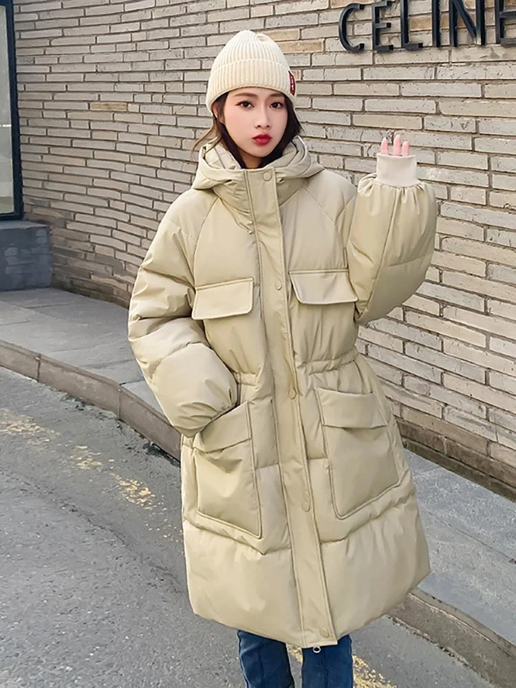New 2022 Women Winter Hooded Long Parkas Solid Black Casual Female Outwear Padded Coat High Quality Winter Clothes