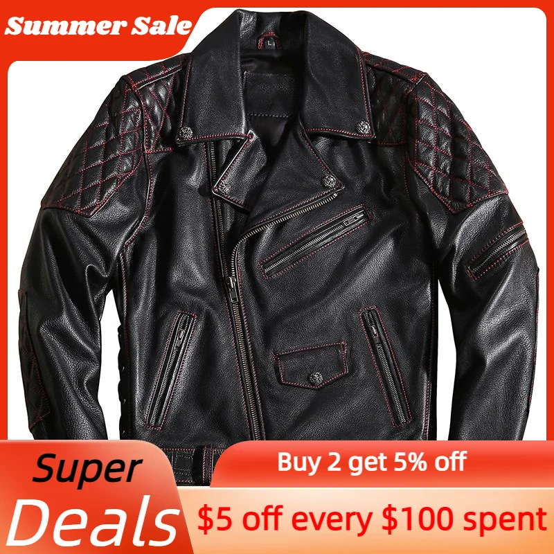 

Black Biker Style Genuine Leather Jacket Men Plus Size 4XL Diagonal Zipper Real Cowhide Autumn Short Motorcycle Coat