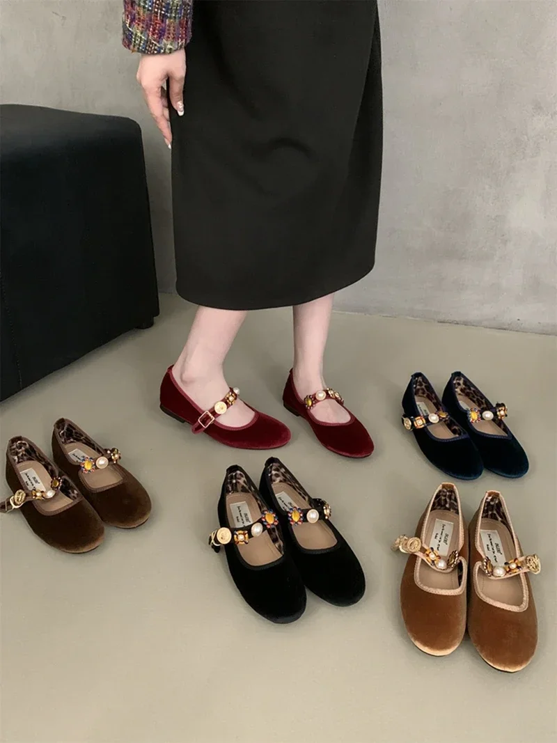 Женские винтажные Туфли Мэри Джейн бархатные повседневные туфли на плоской