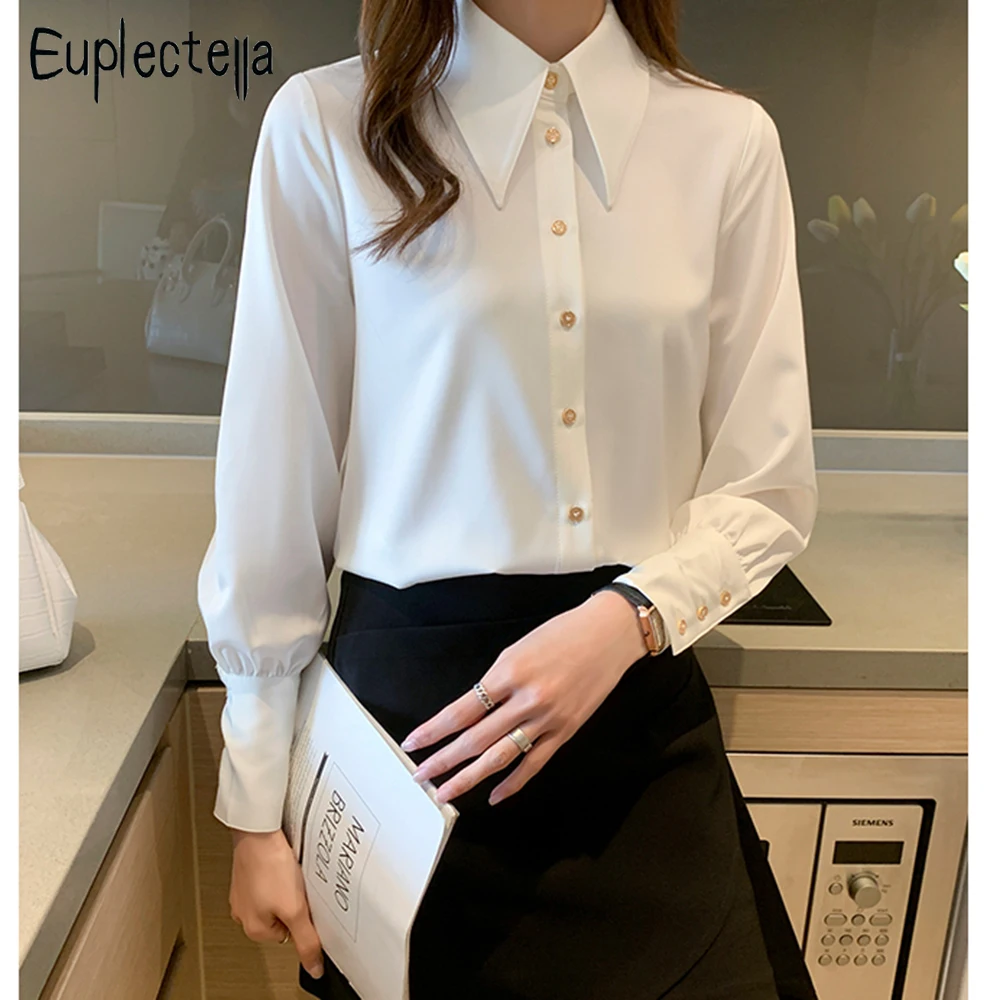 

2022 Women Satin Chiffon Shirt Turn-down Collar Solid Loose Office Lady Top White Puff Sleeve All Match Elegant Femina Blusa