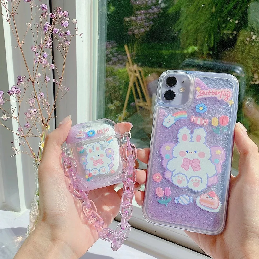 Fashion Glitter Dynamic Liquid Phone Case for IPhone 13 12 11 Pro 7 8 Plus X XR XS MAX Quicksand Bear Cat Cover for AirPods 2pro