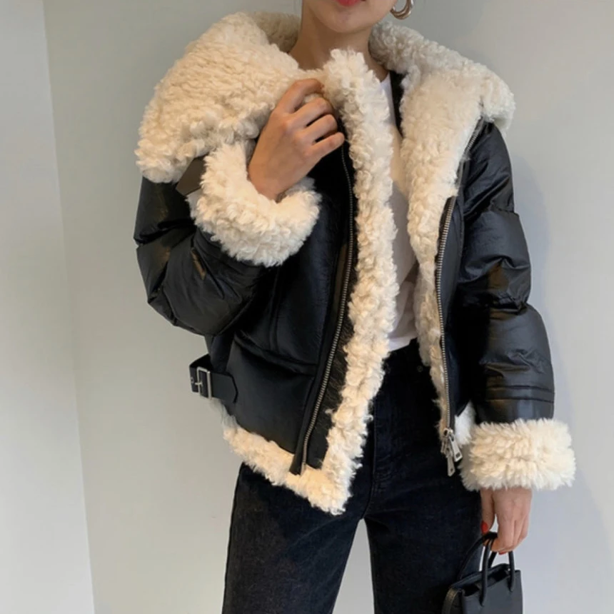 Women Fashion Lapel Lambswool Coat Short Jacket Winter Elegant Female Fleece Warm Thick Chic Down Jacket Puffer Jacket Outerwear