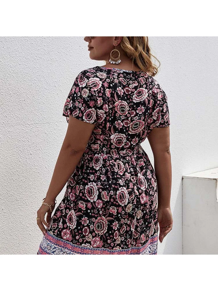 Mid-skirt V-neck temperament commuter print floral dress temperament color-block dress Middle East plus size women clothing