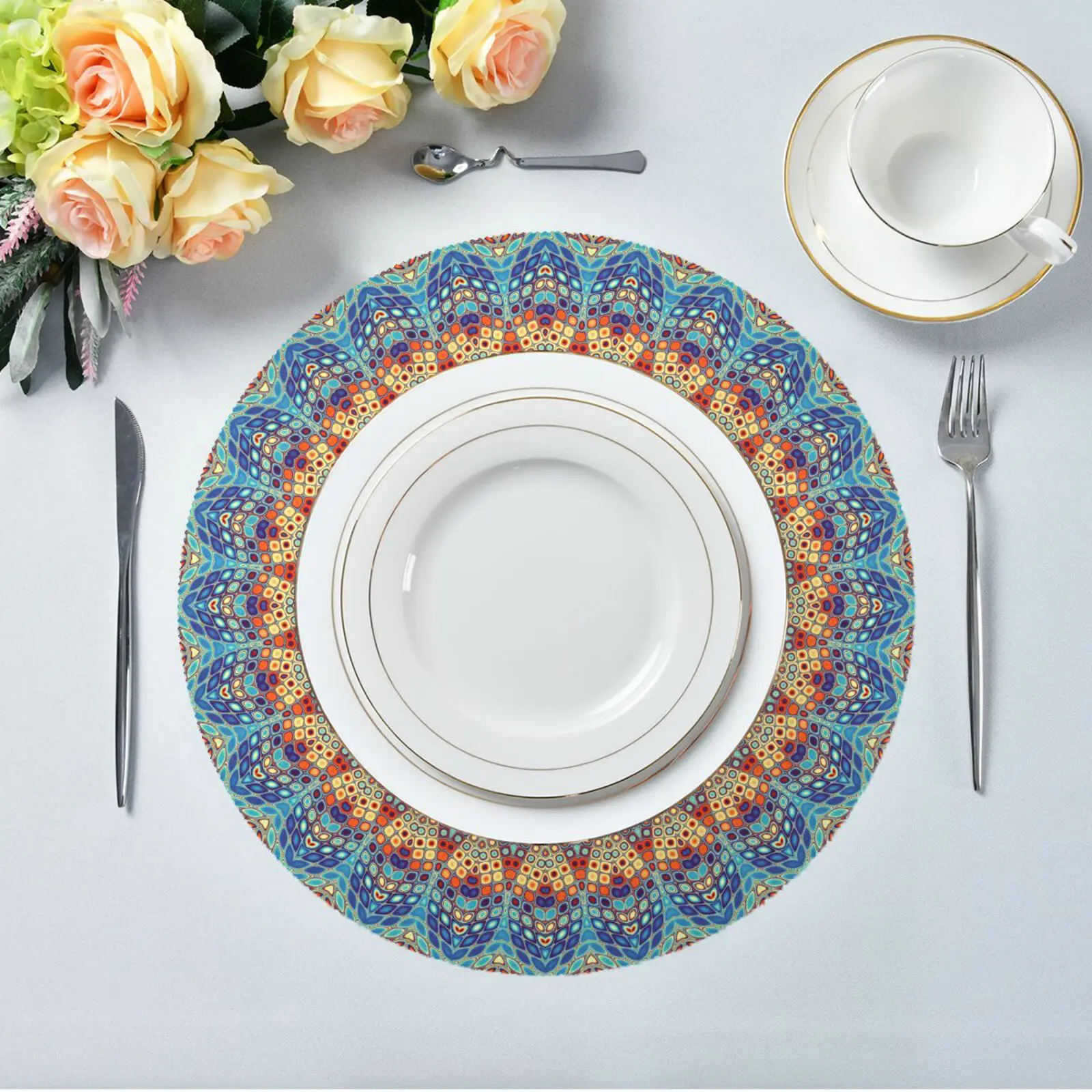 

Boho Mandala Pattern Round Placemat Set of 6 Restaurant Dining Table Mat Non-slip Tableware Plate Cup Pad Kitchen Accessories