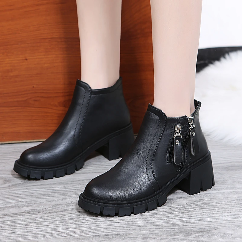 Women's Ankle Pu Leather Platform Casual Boots 2022 Autumn New High Heel Fashion Zipper Round Head Square Heel Women's Boots