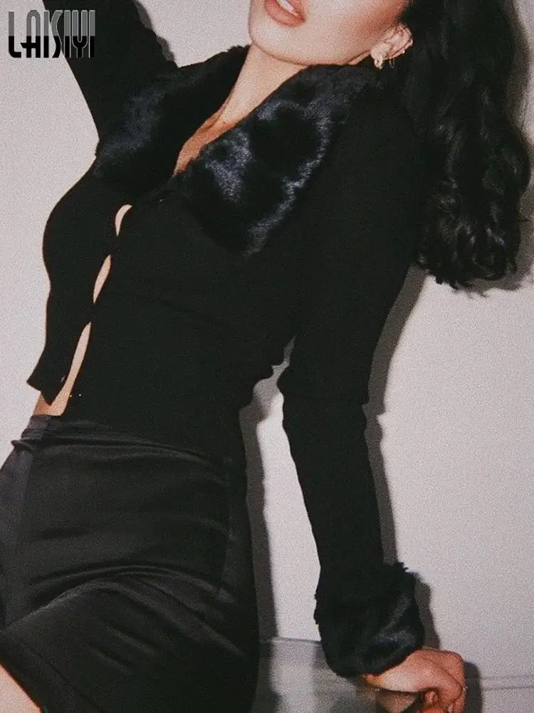 

Женский трикотажный Укороченный кардиган в рубчик, осенний свитер на молнии с длинным рукавом и шнуровкой, короткий топ с меховым воротником, 2022