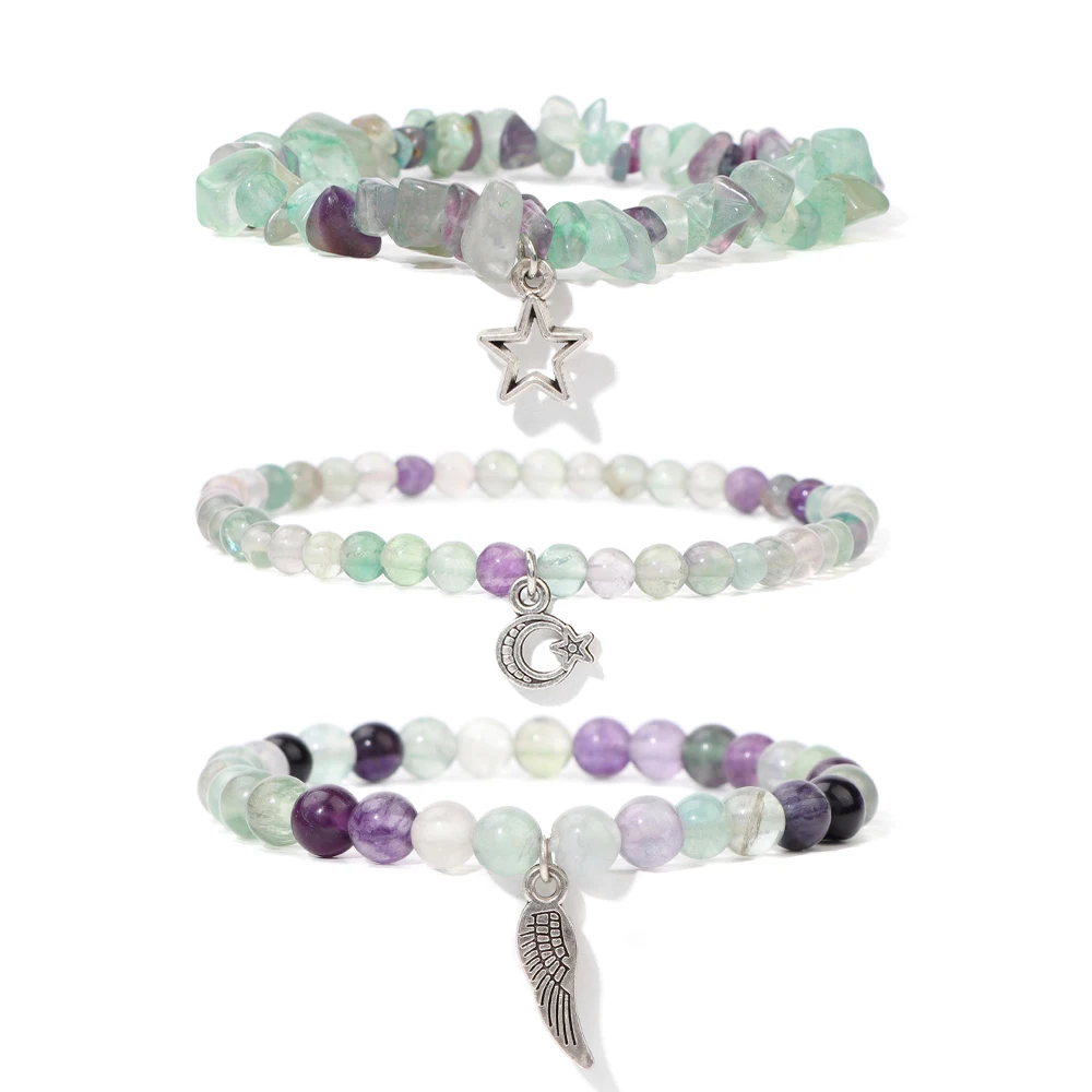 

Natural Lucite Fluorite Bracelet Set 3pcs/Lot Sun Wing Charm Bracelet Star Beads Bangles Women Jewelry Men Bracelet Set Fashion