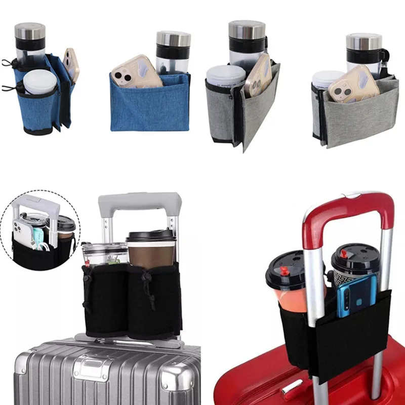 Luggage Travel Cup Holder Portable Drink Caddy Bag Hold Two Coffee Mugs Roll on Suitcase Handles Traveler Accessory Men Women