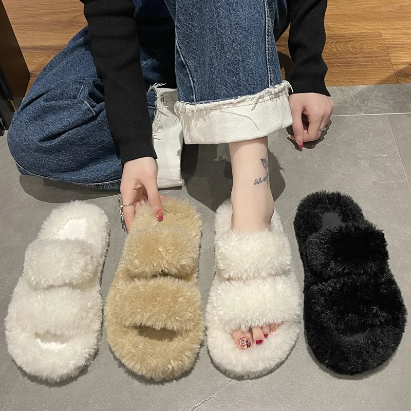 

Тапки женские с мехом, роскошные сланцы из флока, плюшевые дизайнерские массажные шлепанцы на плоской резиновой подошве, базовые римские Ме...