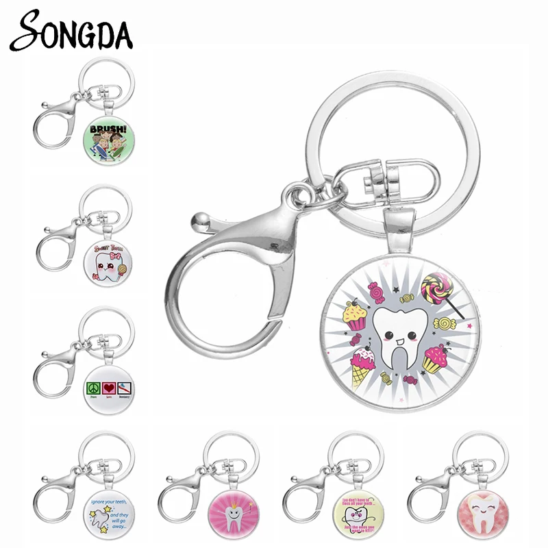 

Sweet I Love Tooth Keychains Pendant Holder Toothbrush Toothpaste Clasp Buckle Keyring Key Chains Glass Dome Creative Jewelry